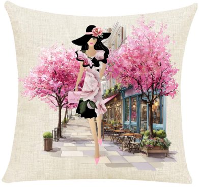 Cherry Blossom Walk Pillow Cover A fashionable woman in a pink dress walks among blooming cherry trees and a café.