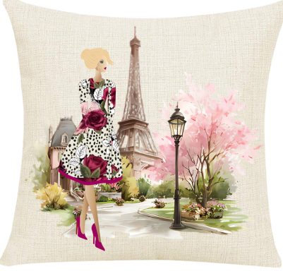 At the Eiffel Tower Stylized dress illustration of a woman near the Eiffel Tower and flowering trees.
