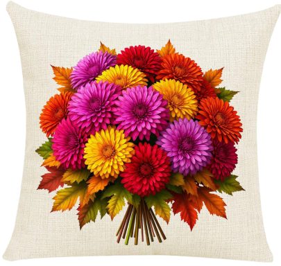 Colorful Gerberas Pillow Cover Colorful bouquet of chrysanthemums with autumn leaves on a textured background.