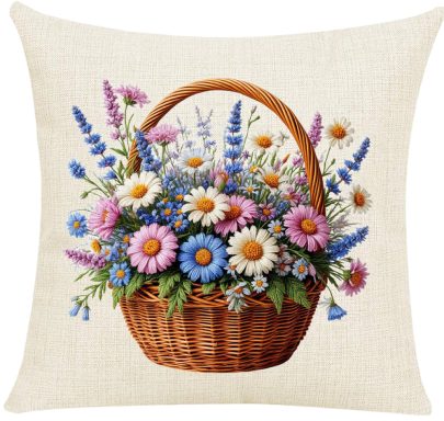Basket of Daisies Pillow Cover A woven basket filled with colorful daisies and assorted wildflowers.