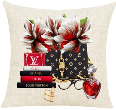 LV Black Purse Pillow Cover Decorative pillow with luxury bags, books, flowers, and a perfume bottle.